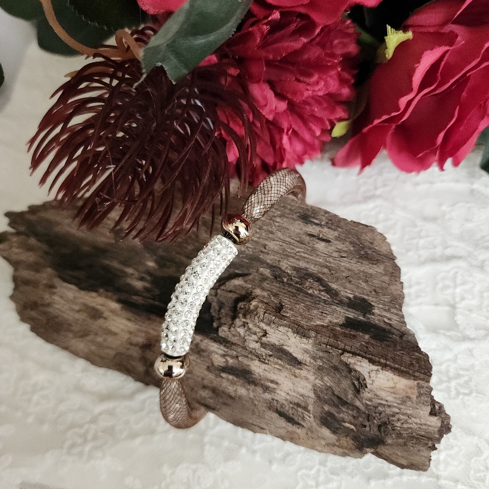 Elegant Magnetic Bracelet With Crystals Inside Silver and Gold Toned Mesh